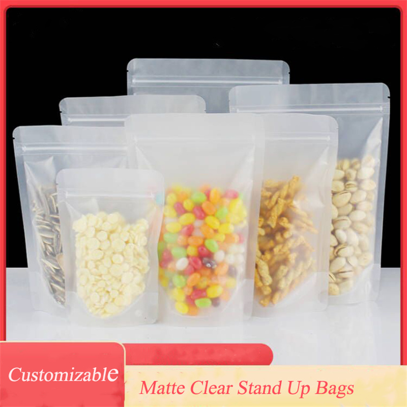 100 Pack Resealable Stand Up Bags Food Storage Bags Matte Clear Zipper Heat Seal Pouch with Tear Notch for Packaging Products Herbs Snack Tea