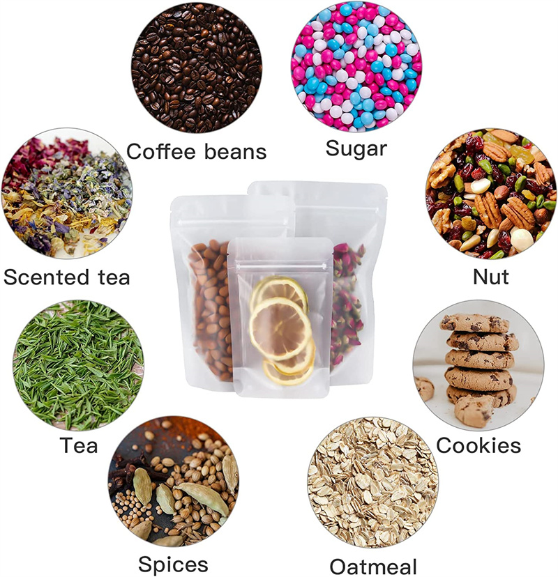100 Pack Resealable Stand Up Bags Food Storage Bags Matte Clear Zipper Heat Seal Pouch with Tear Notch for Packaging Products Herbs Snack Tea