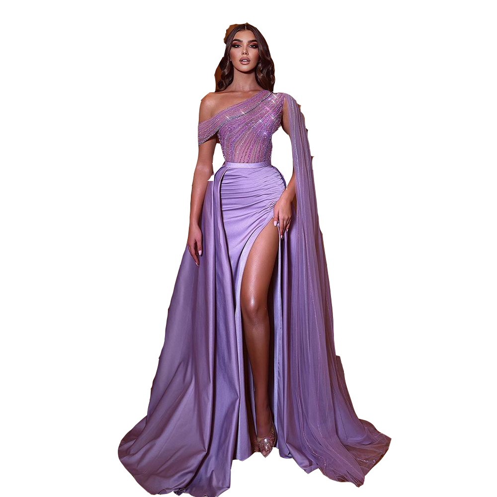 2025 Elegant Purple Crystal Beading One Shoulder Prom Dress with Side Split and Cape Mermaid Evening Gown for Women Stunning Arabic Dubai Style