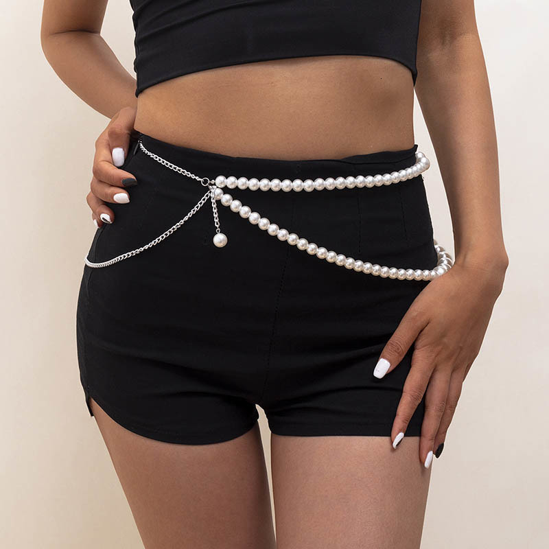 Waist Chain Belts Sexy Geometric Pearl Waist Chain For Women Double Layer Beads Chain Belt Streetwear Summer Fashion Body Jewelry 230228