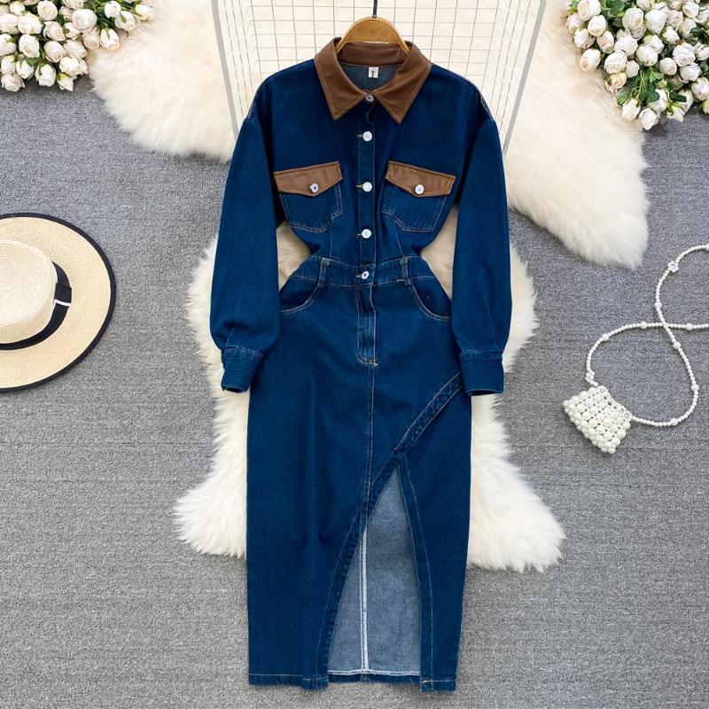 Casual Dresses High Quality Vintage Elegant Long Sleeve Turn-down Collar Wth Pocket Split A-line Jean Women Dress, Blue
Casual Dresses High Quality Vintage Elegant Long Sleeve Turn-down Collar Wth Pocket Split A-line Jean Women Dress, Blue