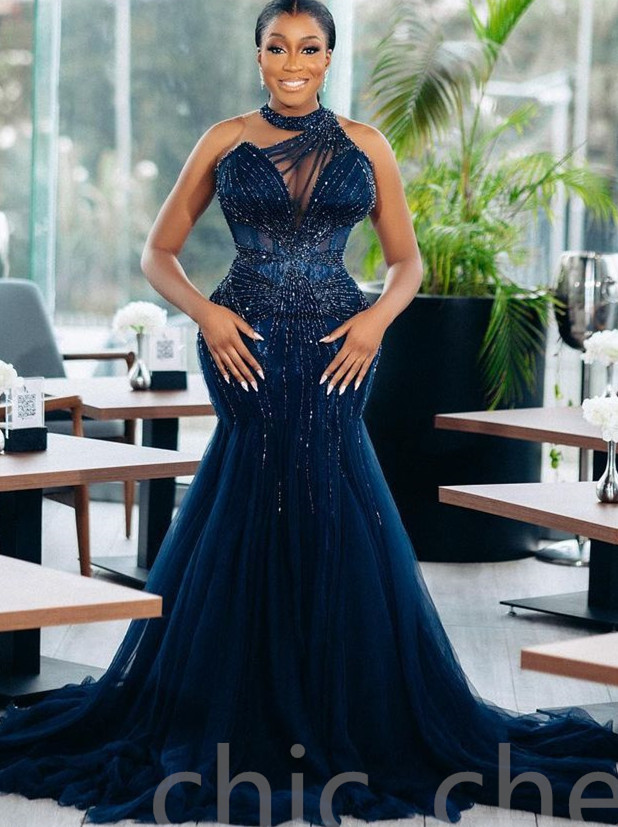 Aso Arabic Ebi Beaded Mermaid Prom Dresses Dark Navy Tulle Sexy Evening Formal Party Second Reception Birthday Engagement Gowns Dress ZJ 0228Lz