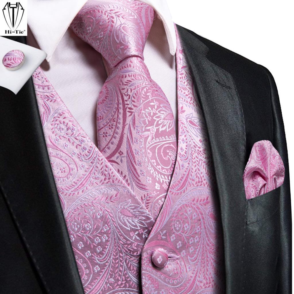 Men's Suits Blazers Hi-Tie Silk Mens Suit Vests Pink Paisley 4PC Woven Waistcoat Tie Pocket Square Cuff Set Business Wedding Dress Waist Jacket 2