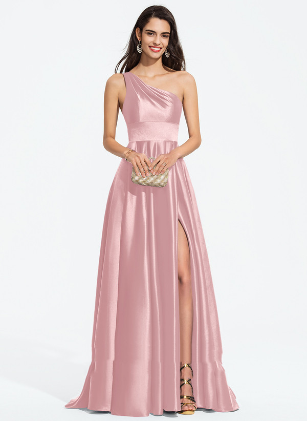 A-line One Shoulder Sweep Train Satin Prom Dresses