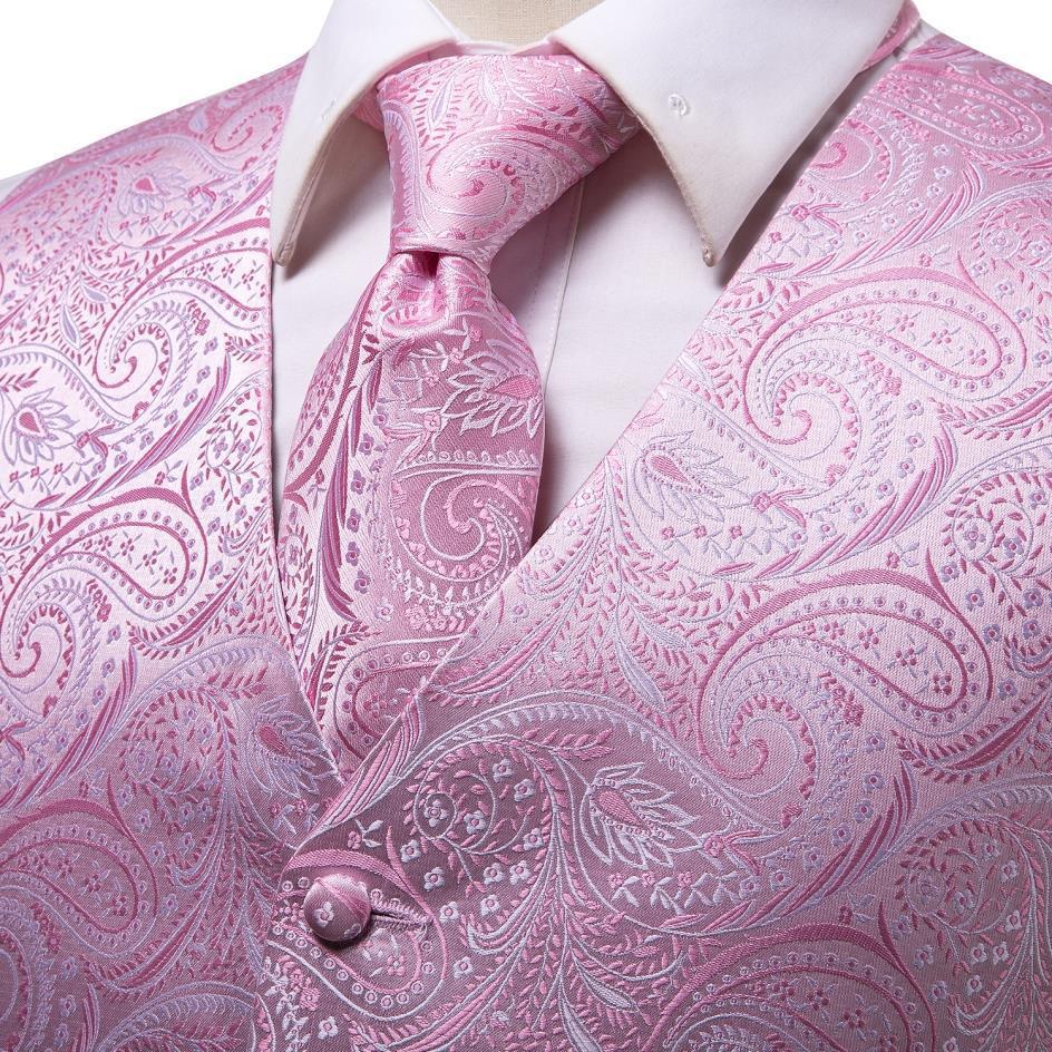 Men's Suits Blazers Hi-Tie Silk Mens Suit Vests Pink Paisley 4PC Woven Waistcoat Tie Pocket Square Cuff Set Business Wedding Dress Waist Jacket 2
