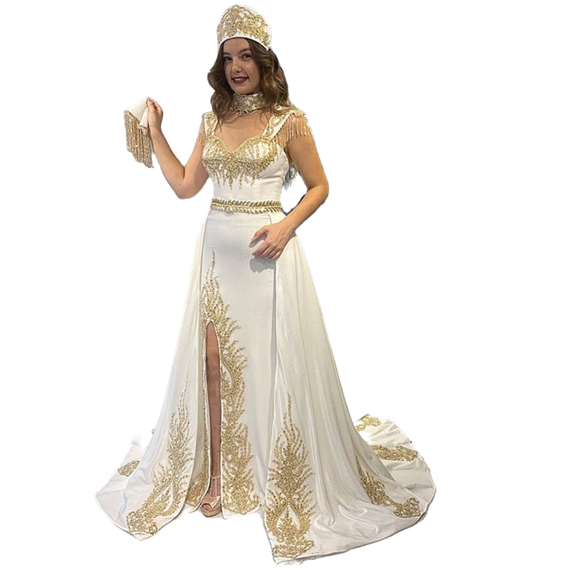 Elegant Arabic Long White Evening Dresses With Gold Lace Applique Tassel Beading Sleeveless Satin Kaftan Prom Dress 2023 Chic Long Celebrity Party Gow