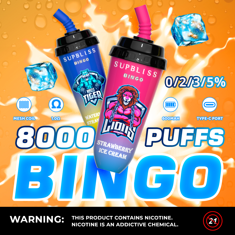 Original Supbliss Bingo 8000 Puffs Disposable E cigarettes Vape Pen starter kit 16ml Pod 600mah Rechargeable With Mesh Coil 0/2/3/5%nic Authentic wholesale
Original Supbliss Bingo 8000 Puffs Disposable E cigarettes Vape Pen starter kit 16ml Pod 600mah Rechargeable With Mesh Coil 0/2/3/5%nic Authentic wholesale