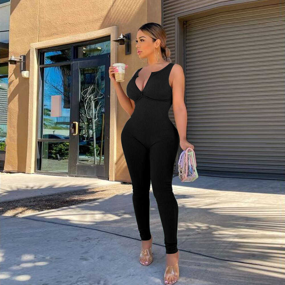 women 2023 fashion v-neck summer jumpsuits solid color backless one-piece sleeveless trousers rompers bodysuit