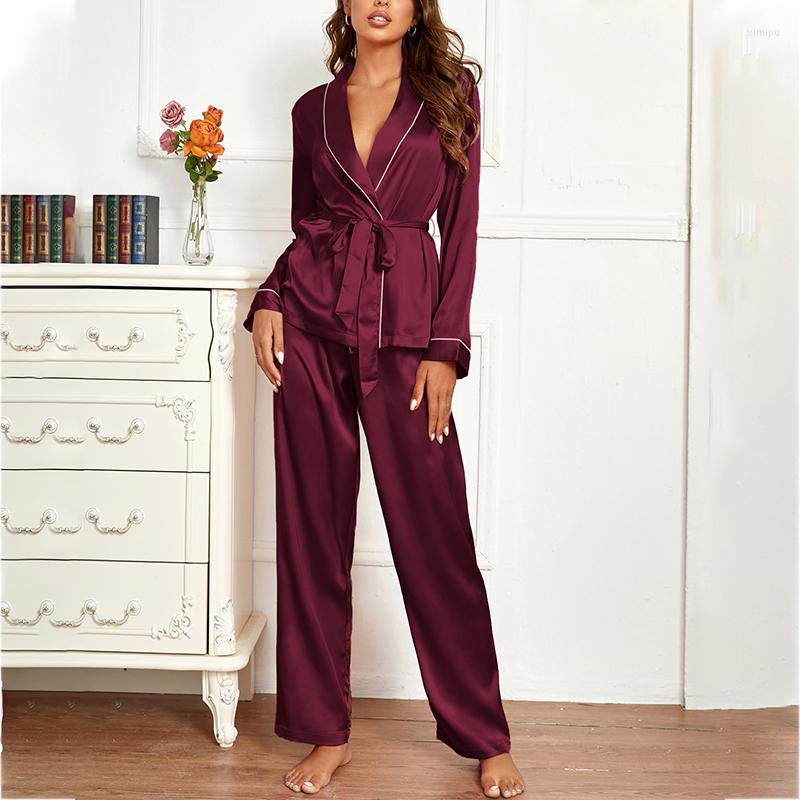Women' Sleepwear Women Satin Silk Pajama Sets Autumn Spring Homewear Long Sleeve Lapel T-Shirt With Belt And Trousers Pajamas, Black
Women' Sleepwear Women Satin Silk Pajama Sets Autumn Spring Homewear Long Sleeve Lapel T-Shirt With Belt And Trousers Pajamas, Black