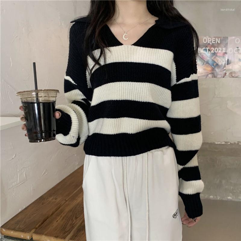 Women's Sweaters Polo Collar Black White Striped Loose Knit Sweater For Women Retro Long Sleeve Pullover Streetwear Ladies Short Tops
Women's Sweaters Polo Collar Black White Striped Loose Knit Sweater For Women Retro Long Sleeve Pullover Streetwear Ladies Short Tops