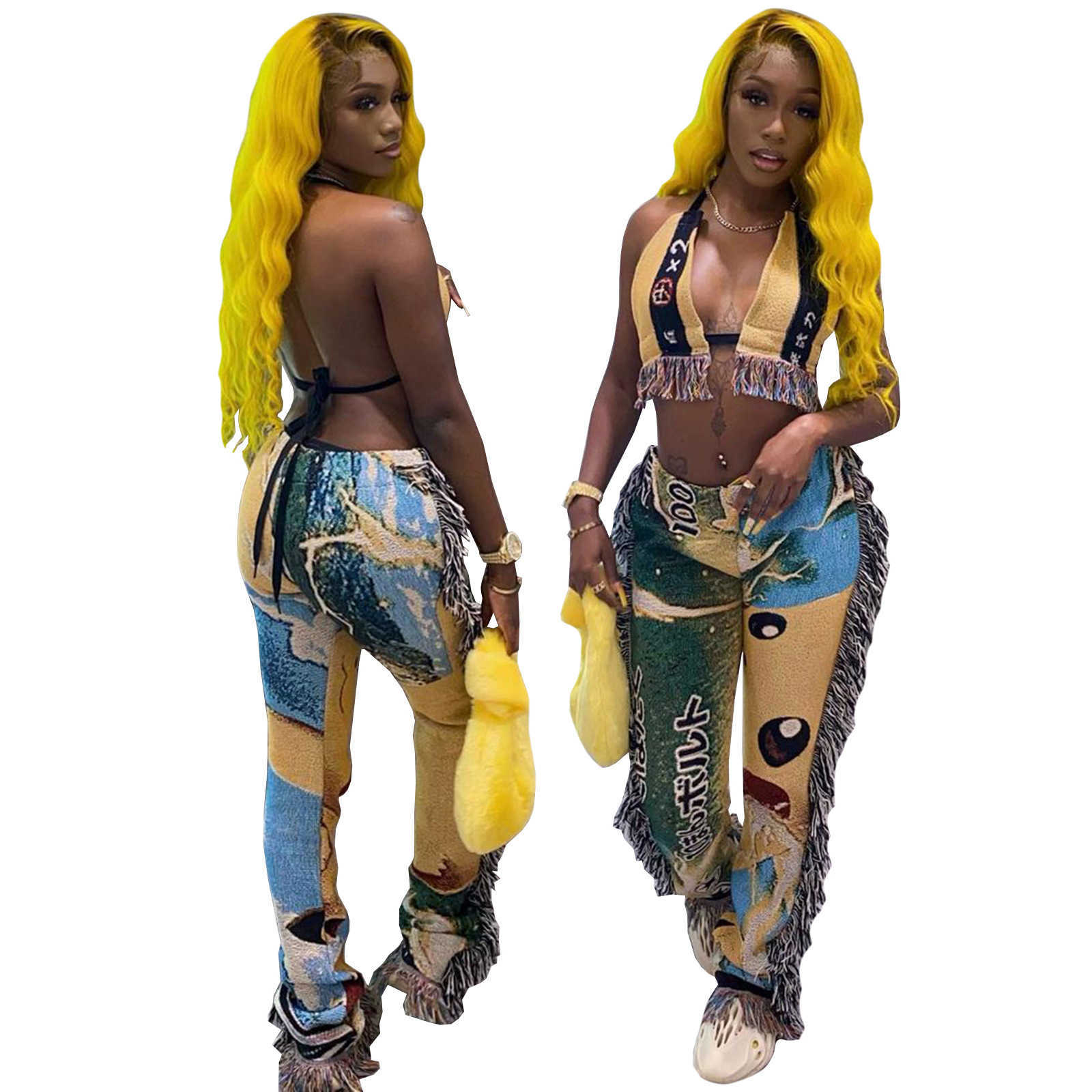 women's digital pants positioning expression letter printing hanging shoulder wrapped chest exposed back tassel two-piece set