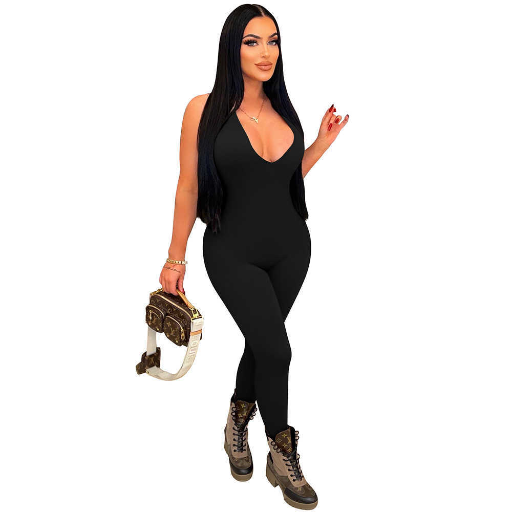 2023 women's jumpsuits amp rompers sexy v-neck buttocks and backless jumpsuit clubwear halter black clothes