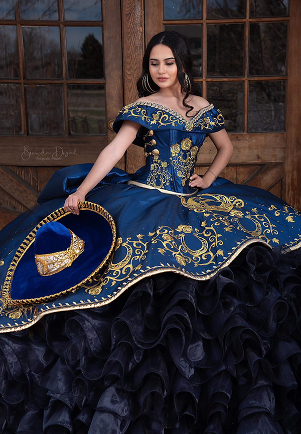Charro Embroidered Blue Quinceanera Dresses Detachable Train Tiered Off Shoulder Bow Back Corset 15 Girls Party Prom Ball Gown