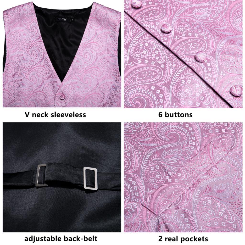 Men's Suits Blazers Hi-Tie Silk Mens Suit Vests Pink Paisley 4PC Woven Waistcoat Tie Pocket Square Cuff Set Business Wedding Dress Waist Jacket 2