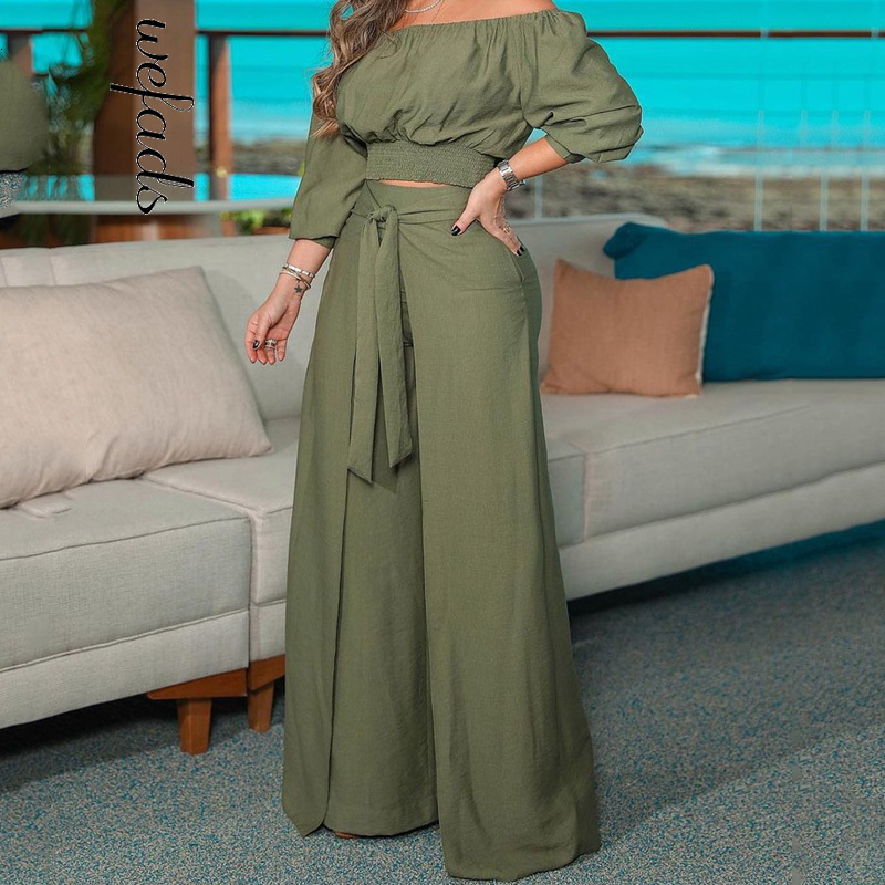 Womens Two Piece Pants Wefads Women Set Fashion Solid Nipped Waist One Shoulder Half Sleeve Top Loose Wide Legs Lace Up Sets 230202, Green
Womens Two Piece Pants Wefads Women Set Fashion Solid Nipped Waist One Shoulder Half Sleeve Top Loose Wide Legs Lace Up Sets 230202, Green