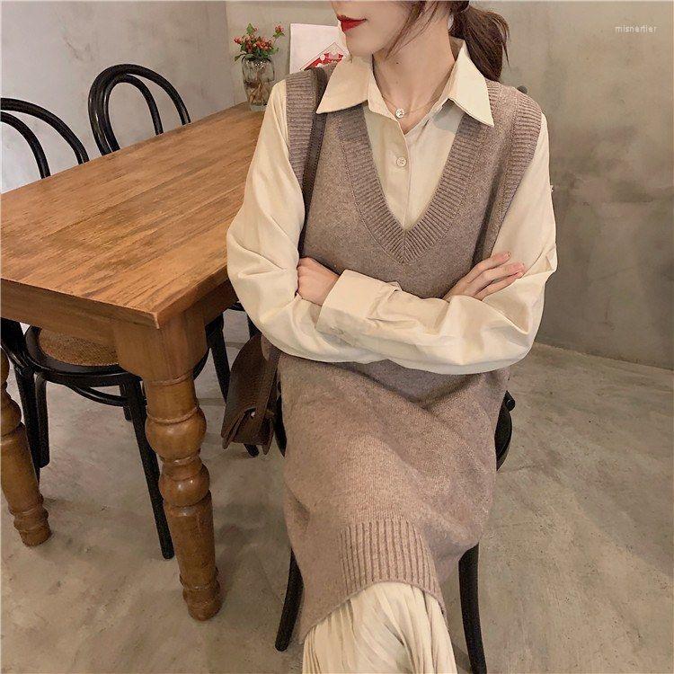 Casual Dresses Preppy Style Long Sleeve Draped Pleated Hem Mid-length Shirt V-neck Knitted Vests Two-piece Suit Autumn, Blue dress
Casual Dresses Preppy Style Long Sleeve Draped Pleated Hem Mid-length Shirt V-neck Knitted Vests Two-piece Suit Autumn, Blue dress