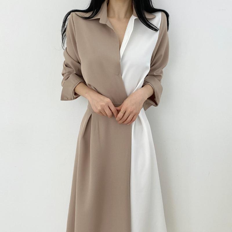Casual Dresses High Waist Long Sleeve Korean Dress Woman Luxury Autumn Spring Party A-Line Elegant Women Slim Tum-down Collar