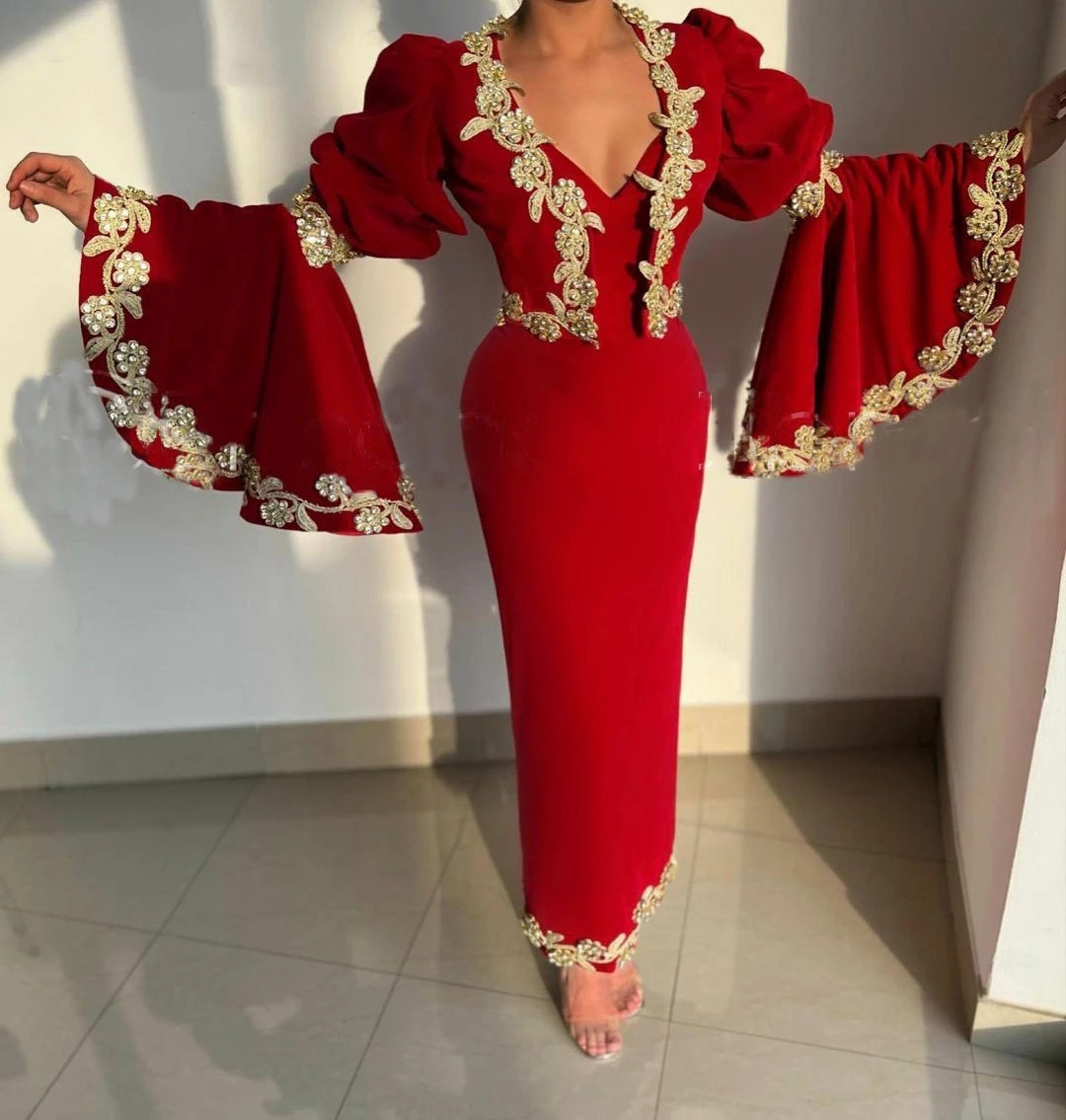 Red Sheath Ankle Length Prom Dresses Long Flare Sleeve V-Neck 2 Piece Arabic Dubai Evening Occasion Gown Gold Lace Applique Beaded Celebrity Party Wea