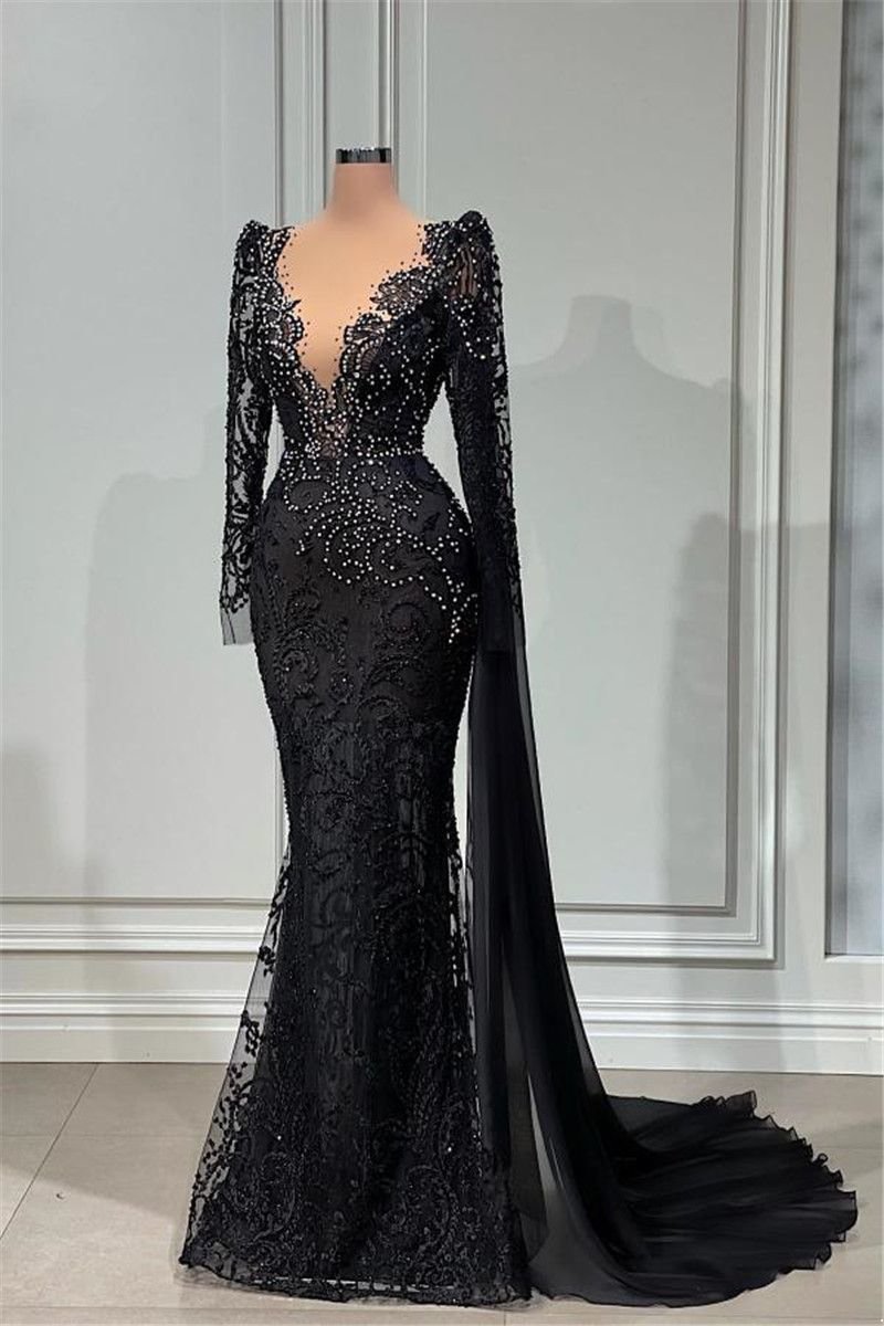 Elegant Black Lace Mermaid Evening Dresses with White Beads Deep V Neck Long Sleeve Appliques 2025 Party Gowns