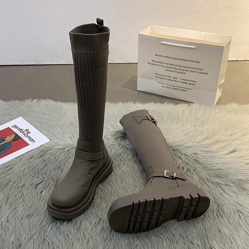 Boots Elastic Women's Shoes Style Winter Retro Belt Buckle Thick-soled Knitted Botas Femininas Botte Medium Tube, Black 1
Boots Elastic Women's Shoes Style Winter Retro Belt Buckle Thick-soled Knitted Botas Femininas Botte Medium Tube, Black 1