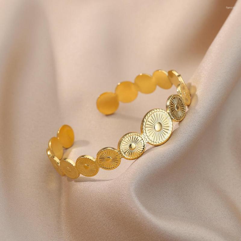 Bangle Gold Color Round Sun Bracelet For Women Open Adjustable Stainless Steel Cuff Bracelets Fashion Punk Wedding Jewelry Gift
Bangle Gold Color Round Sun Bracelet For Women Open Adjustable Stainless Steel Cuff Bracelets Fashion Punk Wedding Jewelry Gift
