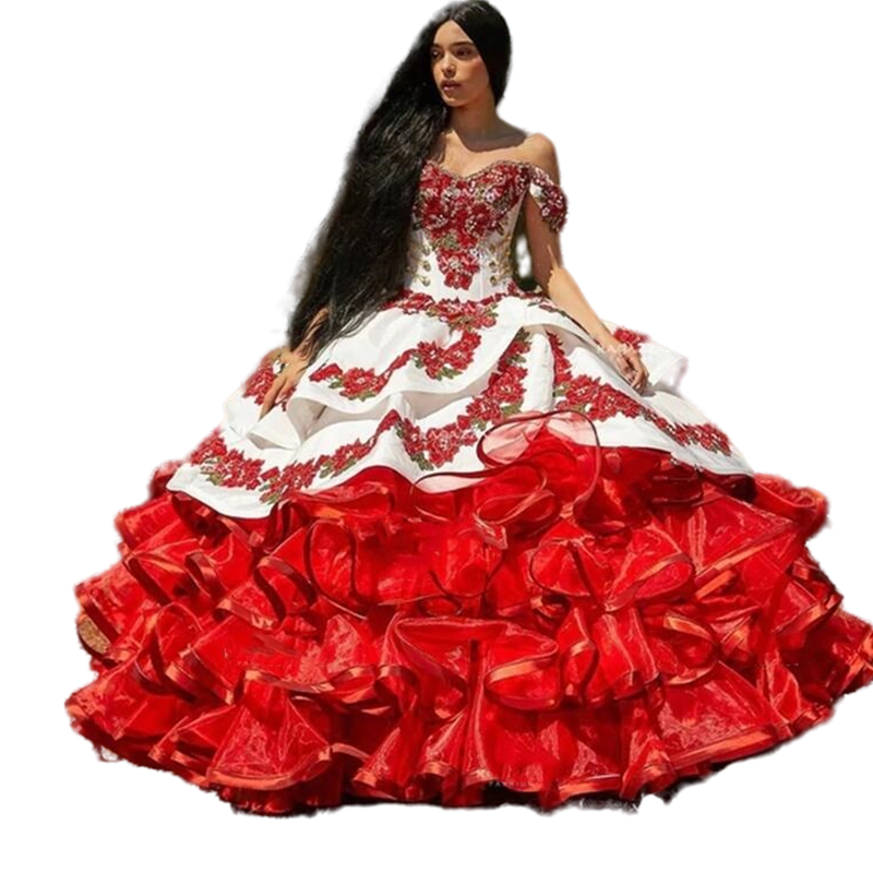 Red Floral Charro Quinceanera Dresses Ball Gown Off The Shoulder Tiered Organza Appliques Mexican Sweet 16 Dresses Vestido 15 Anos Evening Prom Wear