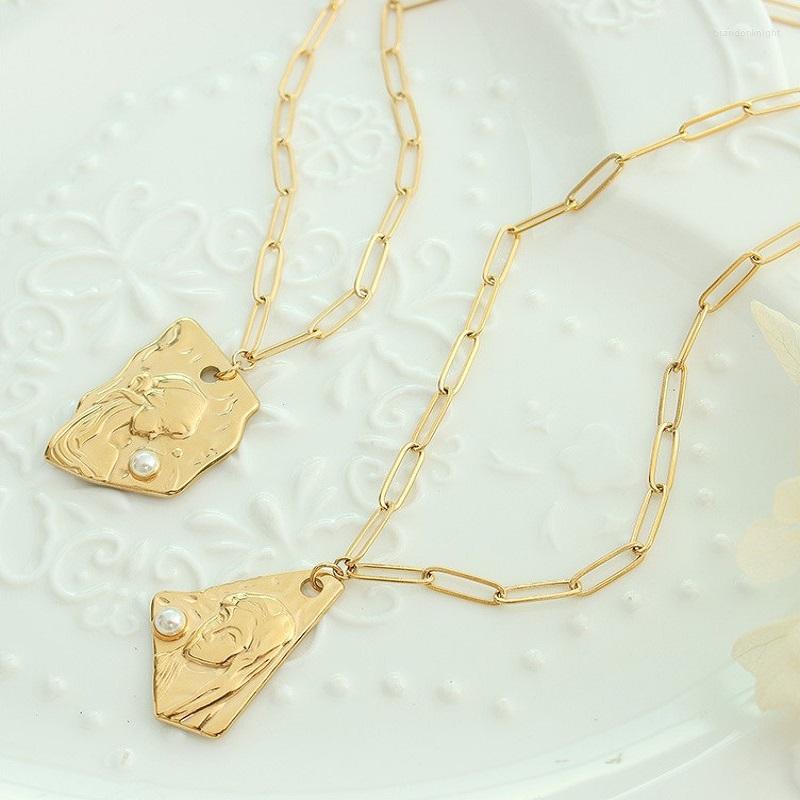 Chains Fashion Female Tide Irregular Portrait Pearl Pendant Necklace For Women Girls Gold Plated Stainless Steel Jewelry