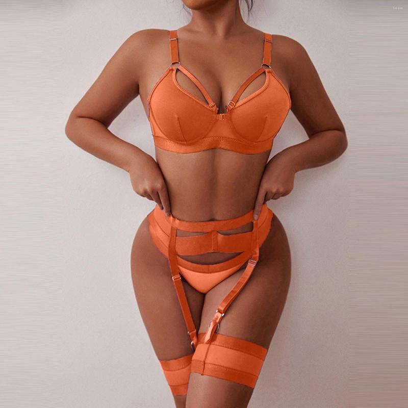 

Bras Sets 3 Pieces Sexy Lingerie Women Garter Belt Bra Brief Transparent Underwear Erotic Ladies Panties Temptation Thong Set, Orange