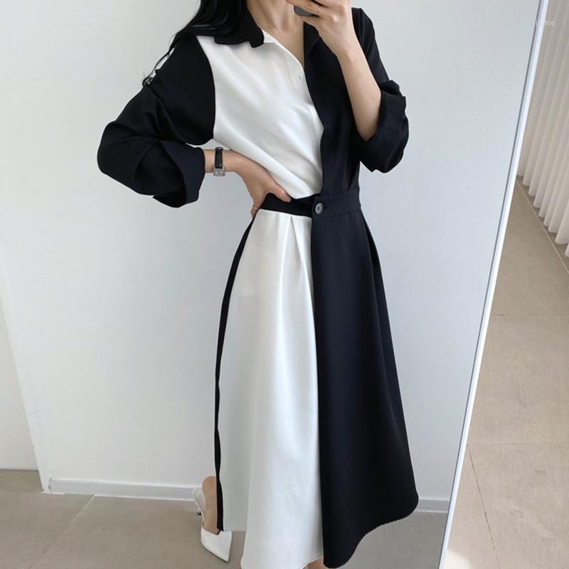 Casual Dresses High Waist Long Sleeve Korean Dress Woman Luxury Autumn Spring Party A-Line Elegant Women Slim Tum-down Collar