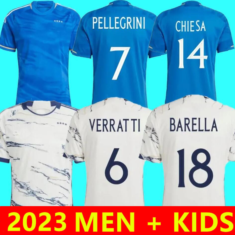 

2023 Italys soccer jerseys SCAMACCA IMMOBILE CHIESA RASPADORI JORGINHO 23/24 Italian BARELLA BASTONI FRATTESI Maglia italiana men kids kit football shirts, Aldult 22-23 home