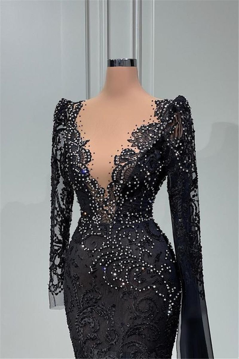 Elegant Black Lace Mermaid Evening Dresses with White Beads Deep V Neck Long Sleeve Appliques 2025 Party Gowns