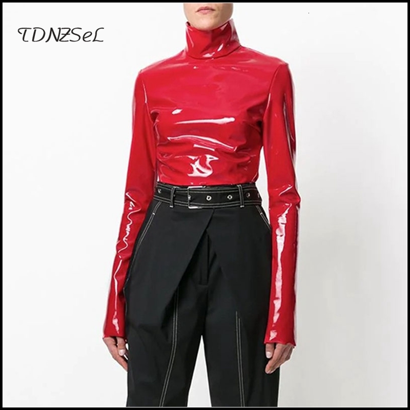 Women's T-Shirt Women Vintage Latex Leather High Neck Tops Black Highstreet Turtleneck Warm Pullover Long Sleeve Red PU Zipper T Shirt Custom 230