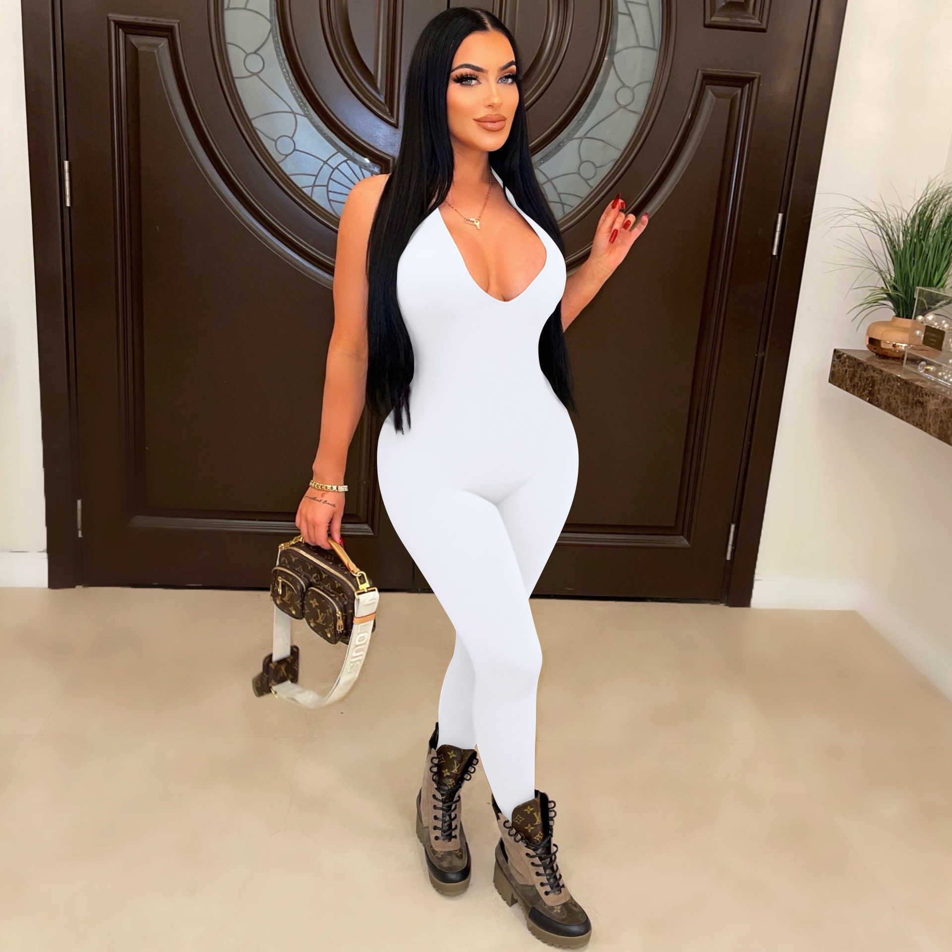 2023 women's jumpsuits amp rompers sexy v-neck buttocks and backless jumpsuit clubwear halter black clothes