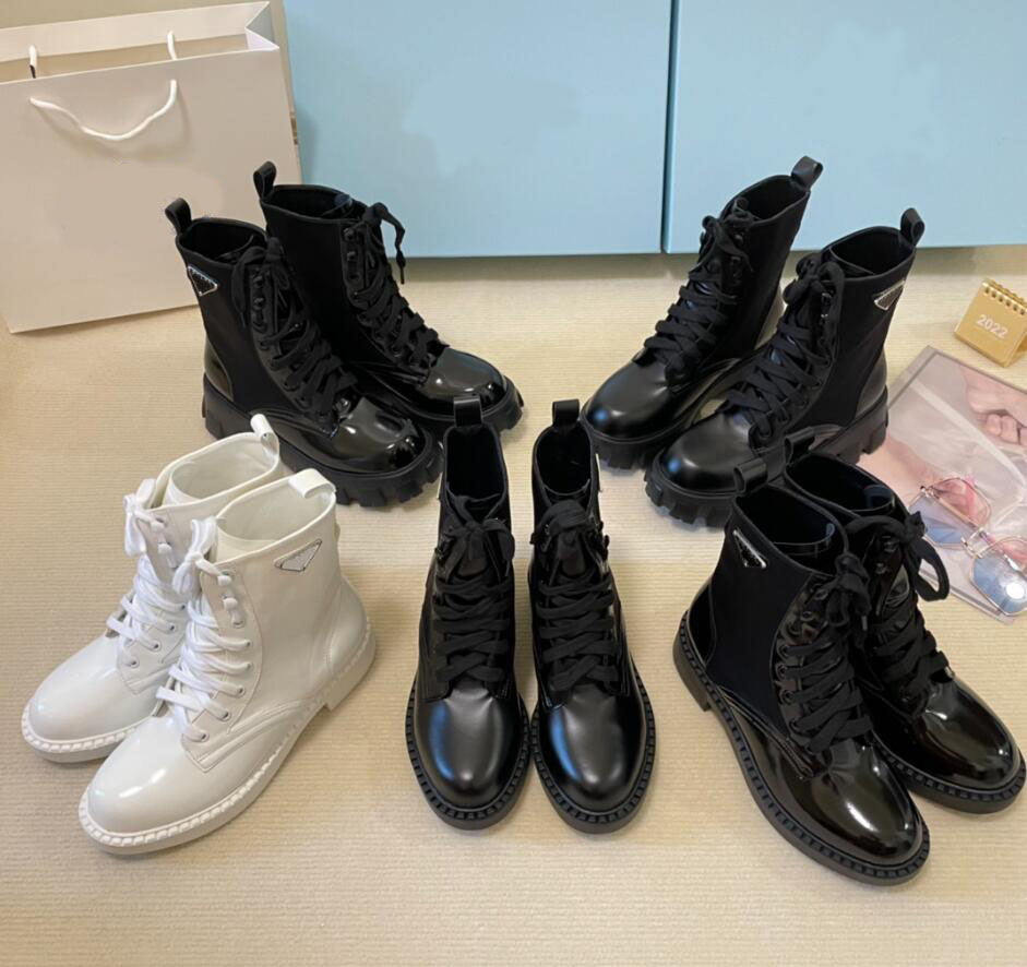 Designer Women Martin Boots Leather Monolith Combat Boot Chunky Rubber Sole Design Lace-up Round Toe Booties