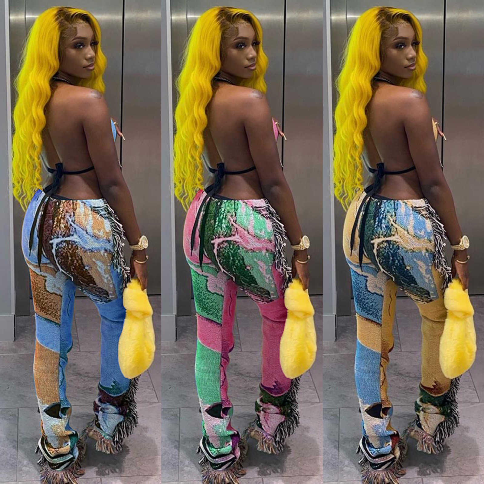 women's digital pants positioning expression letter printing hanging shoulder wrapped chest exposed back tassel two-piece set