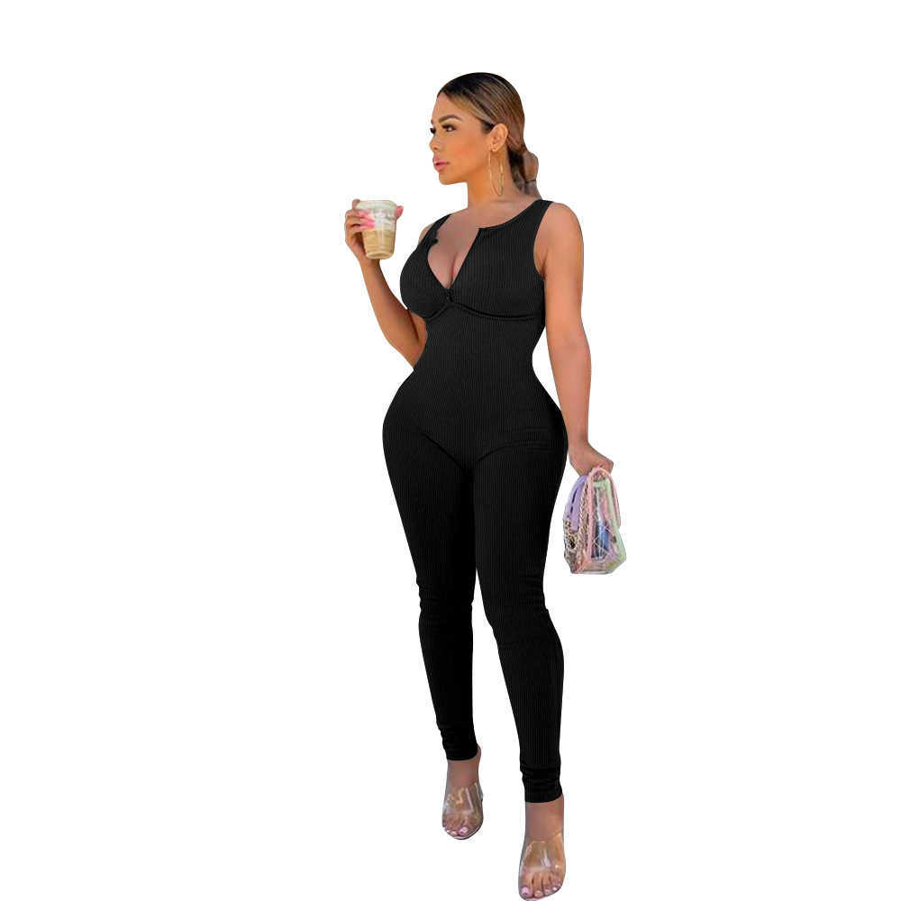 women 2023 fashion v-neck summer jumpsuits solid color backless one-piece sleeveless trousers rompers bodysuit