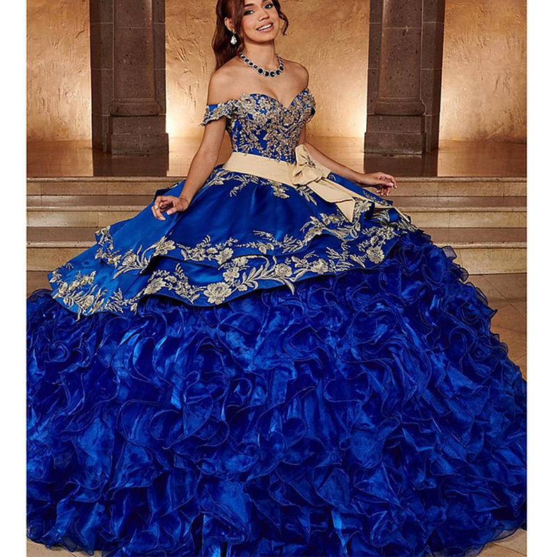 Mexican Blue Long Quinceanera Dresses Tiered Ruffle 2 Pieces Floor length Prom Ball Gown Gold Lace Applique Off Shoulder Corset 15 Years Girls Charro Dress, Custom made from color chart
Mexican Blue Long Quinceanera Dresses Tiered Ruffle 2 Pieces Floor length Prom Ball Gown Gold Lace Applique Off Shoulder Corset 15 Years Girls Charro Dress, Custom made from color chart