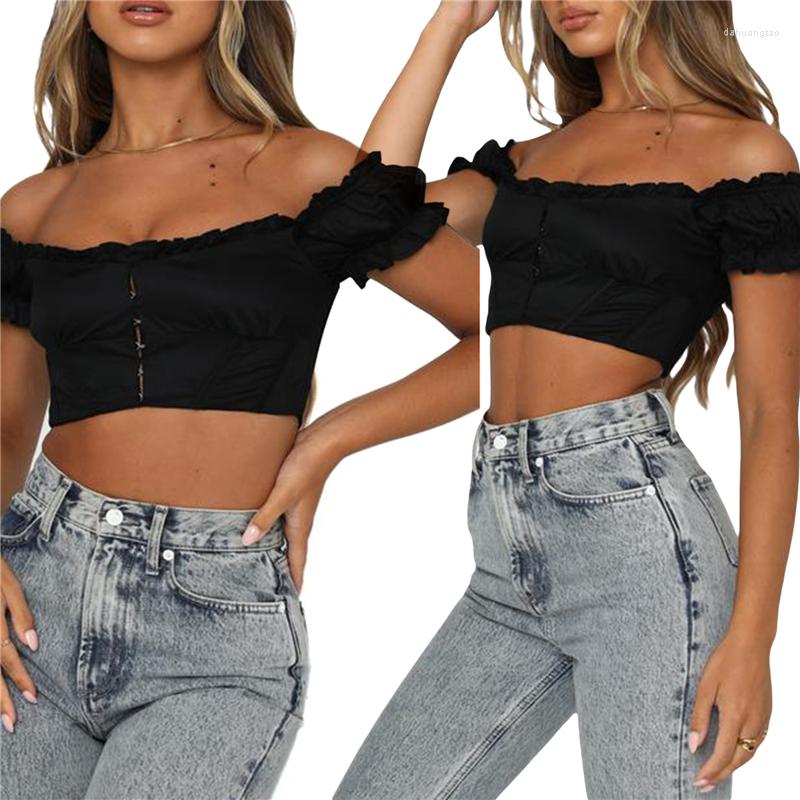 Women' Tanks Women' Off Shoulder Crop Tops Sexy Short Sleeve Central Single-Row Clasp Frill T-Shirt, Black
Women' Tanks Women' Off Shoulder Crop Tops Sexy Short Sleeve Central Single-Row Clasp Frill T-Shirt, Black