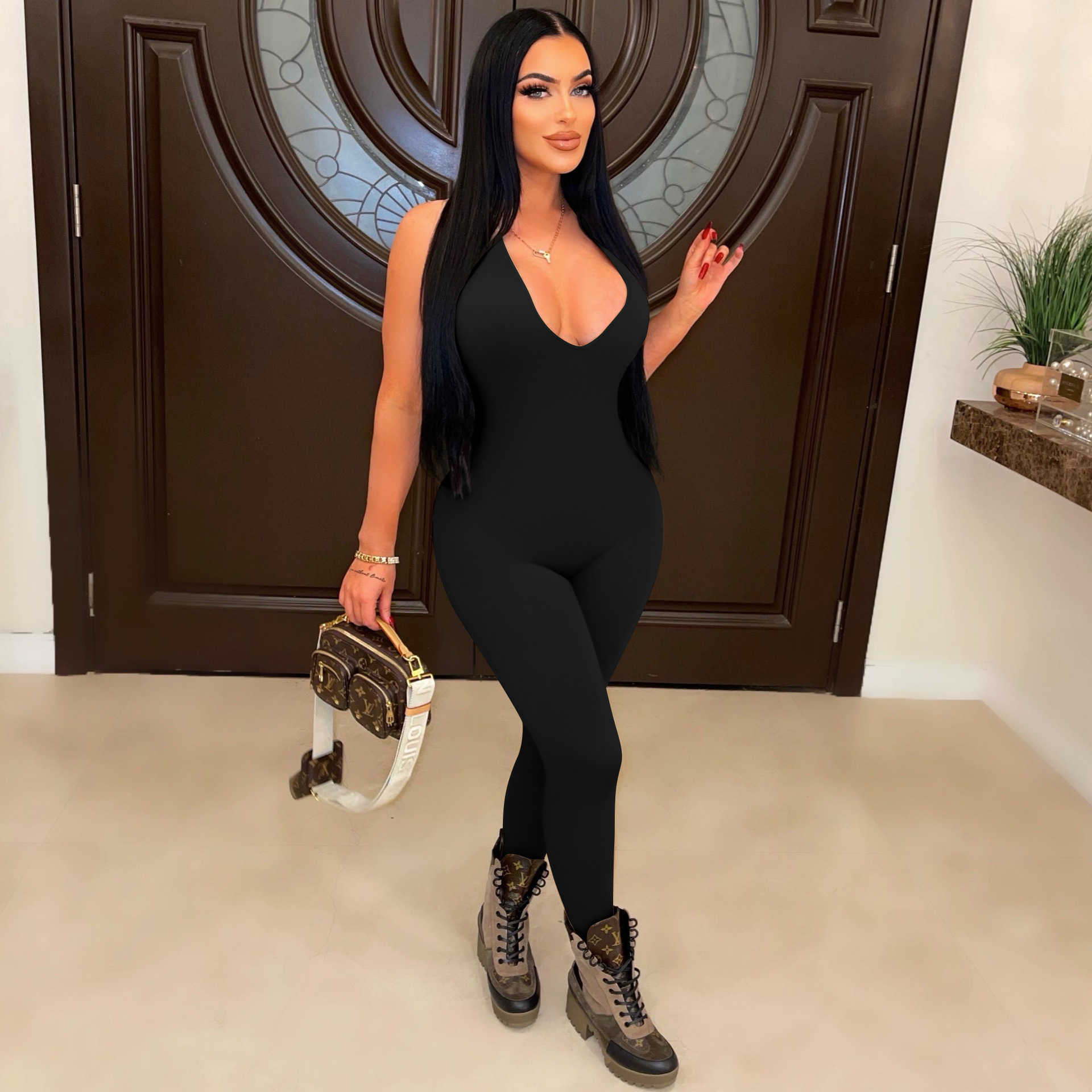 2023 women's jumpsuits amp rompers sexy v-neck buttocks and backless jumpsuit clubwear halter black clothes
