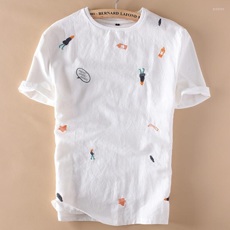 Men' T Shirts O-neck Short Sleeve Linen T-shirt With Cartoon Embroidery White Blue Black Summer Casual T-shirts Men Tops&tees For
Men' T Shirts O-neck Short Sleeve Linen T-shirt With Cartoon Embroidery White Blue Black Summer Casual T-shirts Men Tops&tees For
