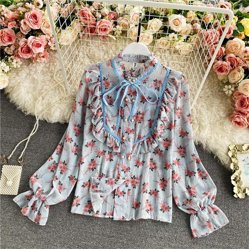Women's Blouses Spring Autumn Loose Temperament Blouse Women's Stand Collar Ruffled Floral Trumpet Sleeve Chiffon Shirt C151, Blue
Women's Blouses Spring Autumn Loose Temperament Blouse Women's Stand Collar Ruffled Floral Trumpet Sleeve Chiffon Shirt C151, Blue
