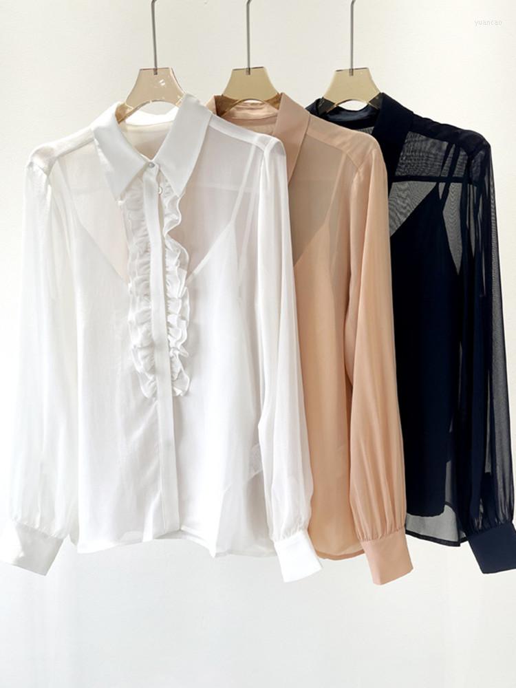 Women' T Shirts Silk Two Pieces Set Women See Through Ruffles Shirt Turn-down Collar Elegant OL Chemise Long Sleeve Covered Buttons Blouse, White
Women' T Shirts Silk Two Pieces Set Women See Through Ruffles Shirt Turn-down Collar Elegant OL Chemise Long Sleeve Covered Buttons Blouse, White