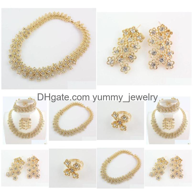 Bracelet Earrings Necklace Fashion Women Gold Plated Crystal Bridal Jewelry Sets Alloy Bracelet Earring Ring Drop Delivery Dhuha, White
Bracelet Earrings Necklace Fashion Women Gold Plated Crystal Bridal Jewelry Sets Alloy Bracelet Earring Ring Drop Delivery Dhuha, White