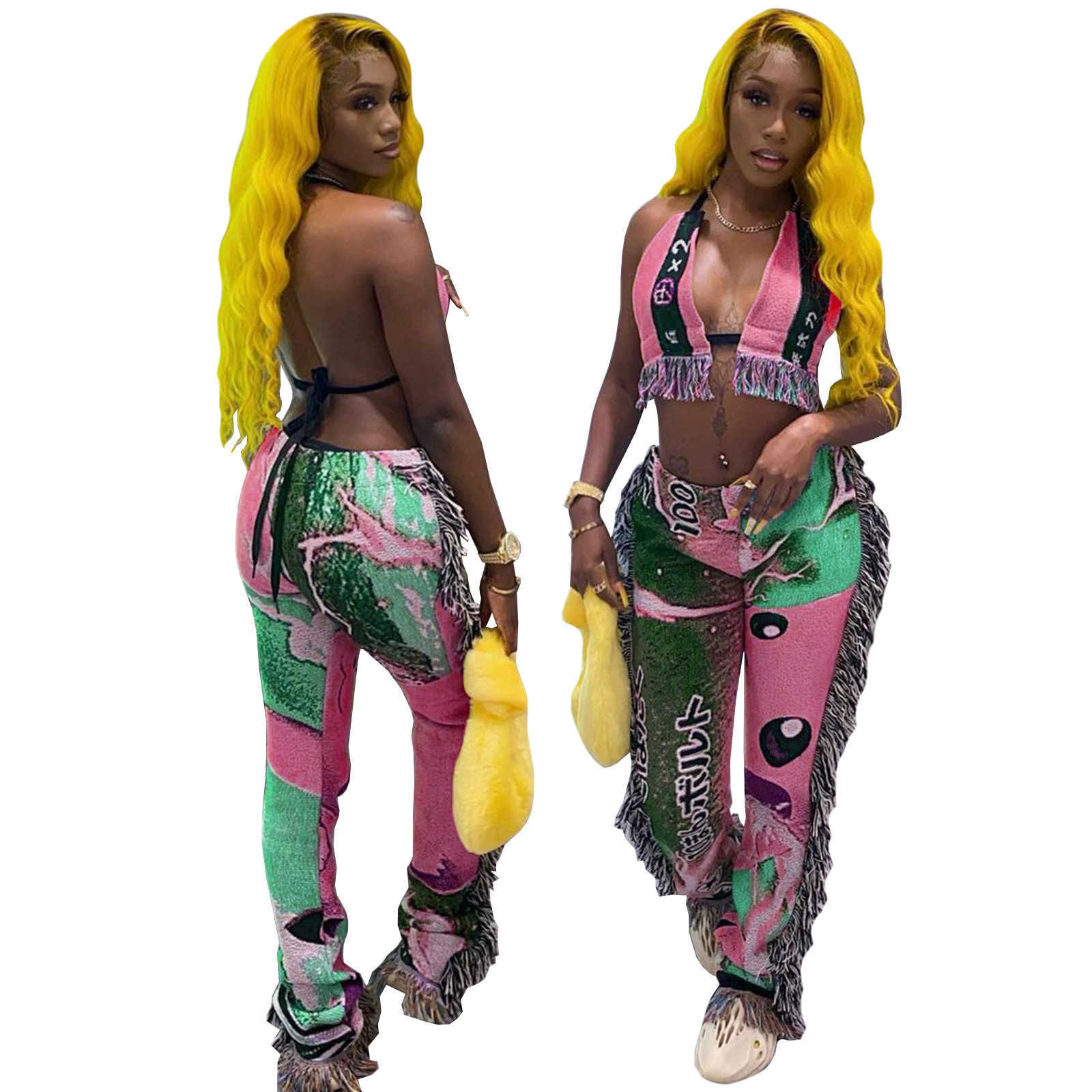 women's digital pants positioning expression letter printing hanging shoulder wrapped chest exposed back tassel two-piece set