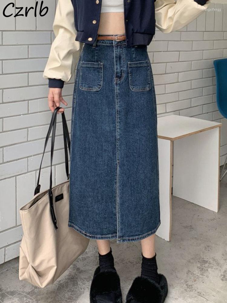 Skirts Front-slit Denim Women Mid-calf Autumn Korean Fashion Chic Vintage Office Lady Simple All-match Elegant College Casual, Blue with belt
Skirts Front-slit Denim Women Mid-calf Autumn Korean Fashion Chic Vintage Office Lady Simple All-match Elegant College Casual, Blue with belt