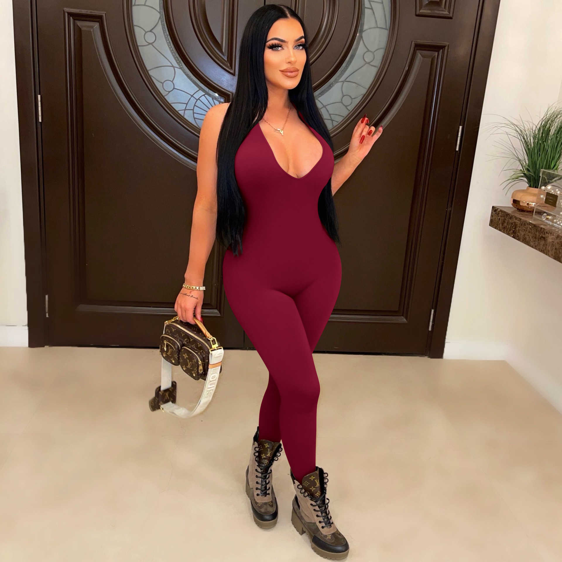 2023 women's jumpsuits amp rompers sexy v-neck buttocks and backless jumpsuit clubwear halter black clothes