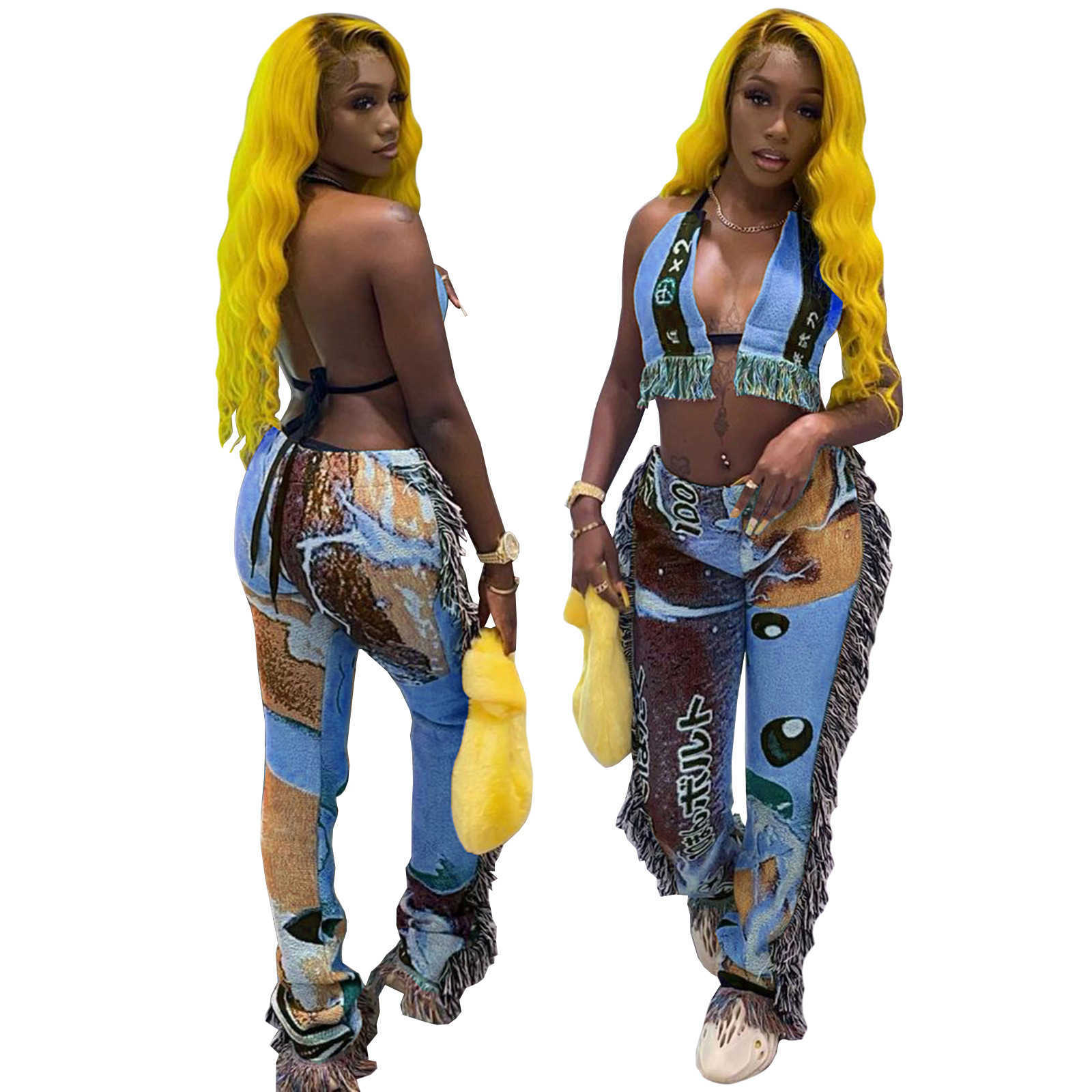 women's digital pants positioning expression letter printing hanging shoulder wrapped chest exposed back tassel two-piece set