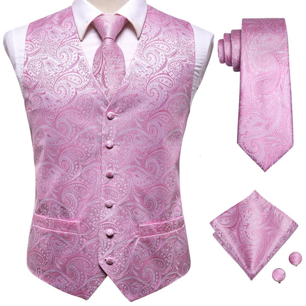 Men's Suits Blazers Hi-Tie Silk Mens Suit Vests Pink Paisley 4PC Woven Waistcoat Tie Pocket Square Cuff Set Business Wedding Dress Waist Jacket 2