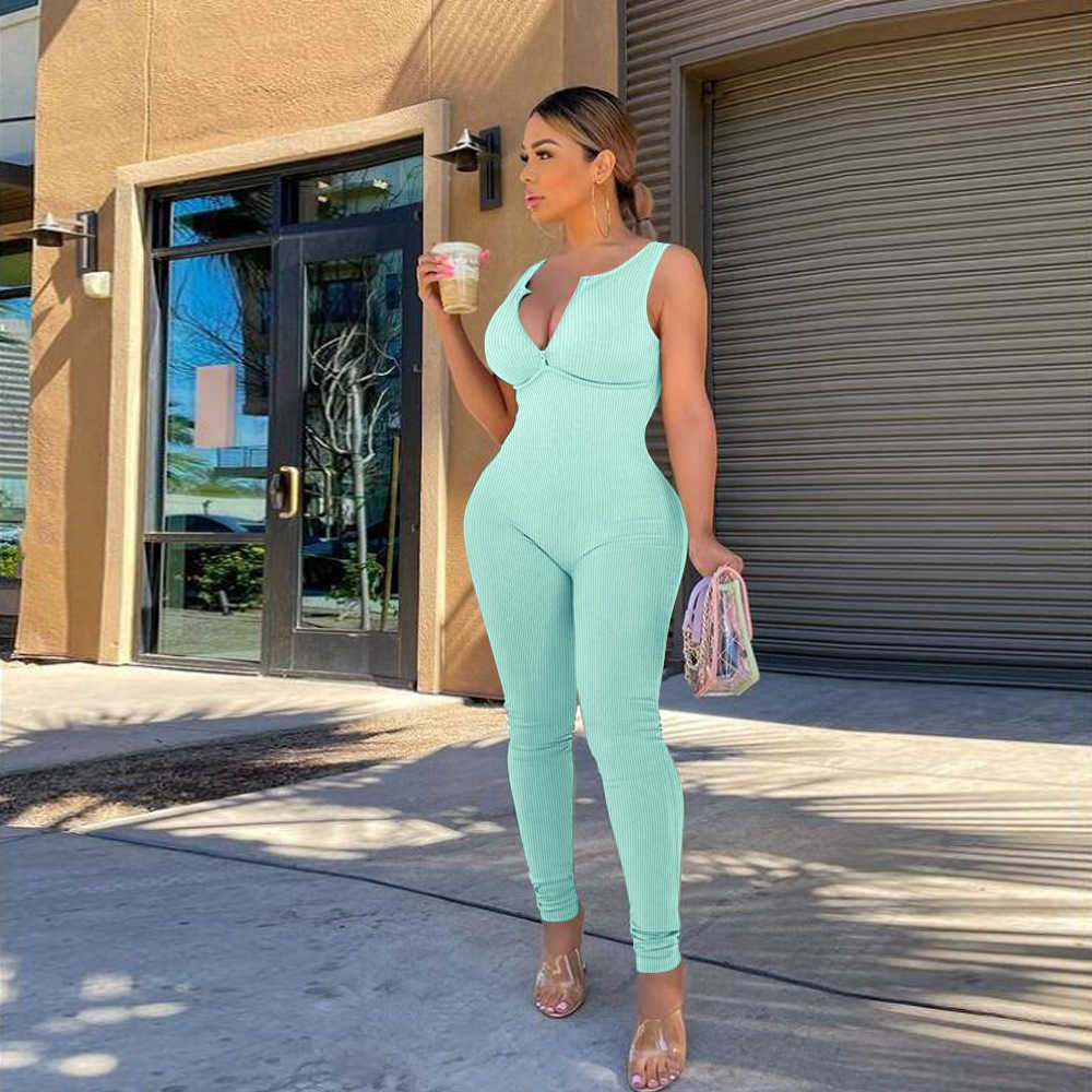 women 2023 fashion v-neck summer jumpsuits solid color backless one-piece sleeveless trousers rompers bodysuit