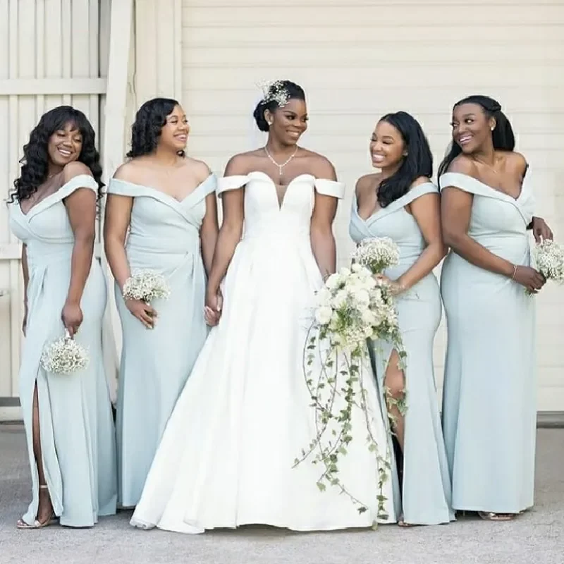 Sage Green Bridesmaid Dresses For Western Garden Country Beach A Line Wedding Guest Wears Off Shoulder Pleats Split Long Maid of Honor Gowns Plus Size 
Sage Green Bridesmaid Dresses For Western Garden Country Beach A Line Wedding Guest Wears Off Shoulder Pleats Split Long Maid of Honor Gowns Plus Size
